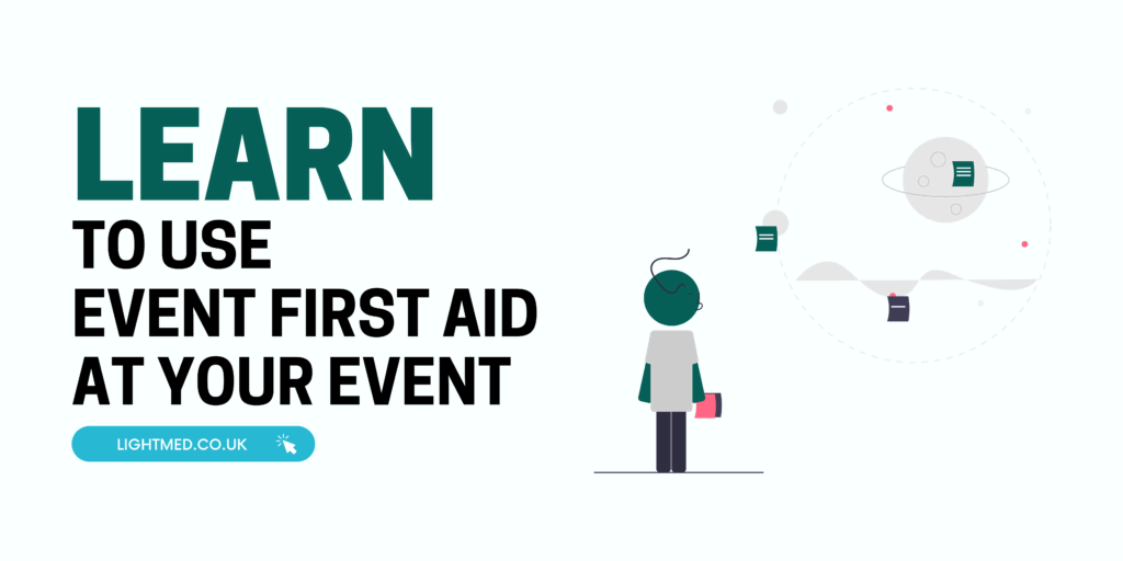 A simple banner with two clear columns. On the left a clear bold "LEARN" heading with a bold paragraph "TO USE EVENT FIRST AID AT YOUR EVENT". Then followed by a button linking to the website. On the right hand side an icon of a small character stood next to a planetary system of documents, indicating a plan.